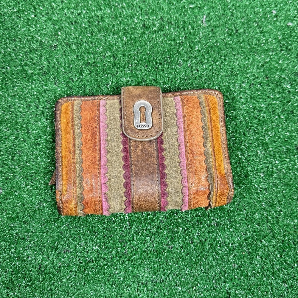 Fossil Leather Wallet Bifold Multicolor Patchwork Boho Key Snap